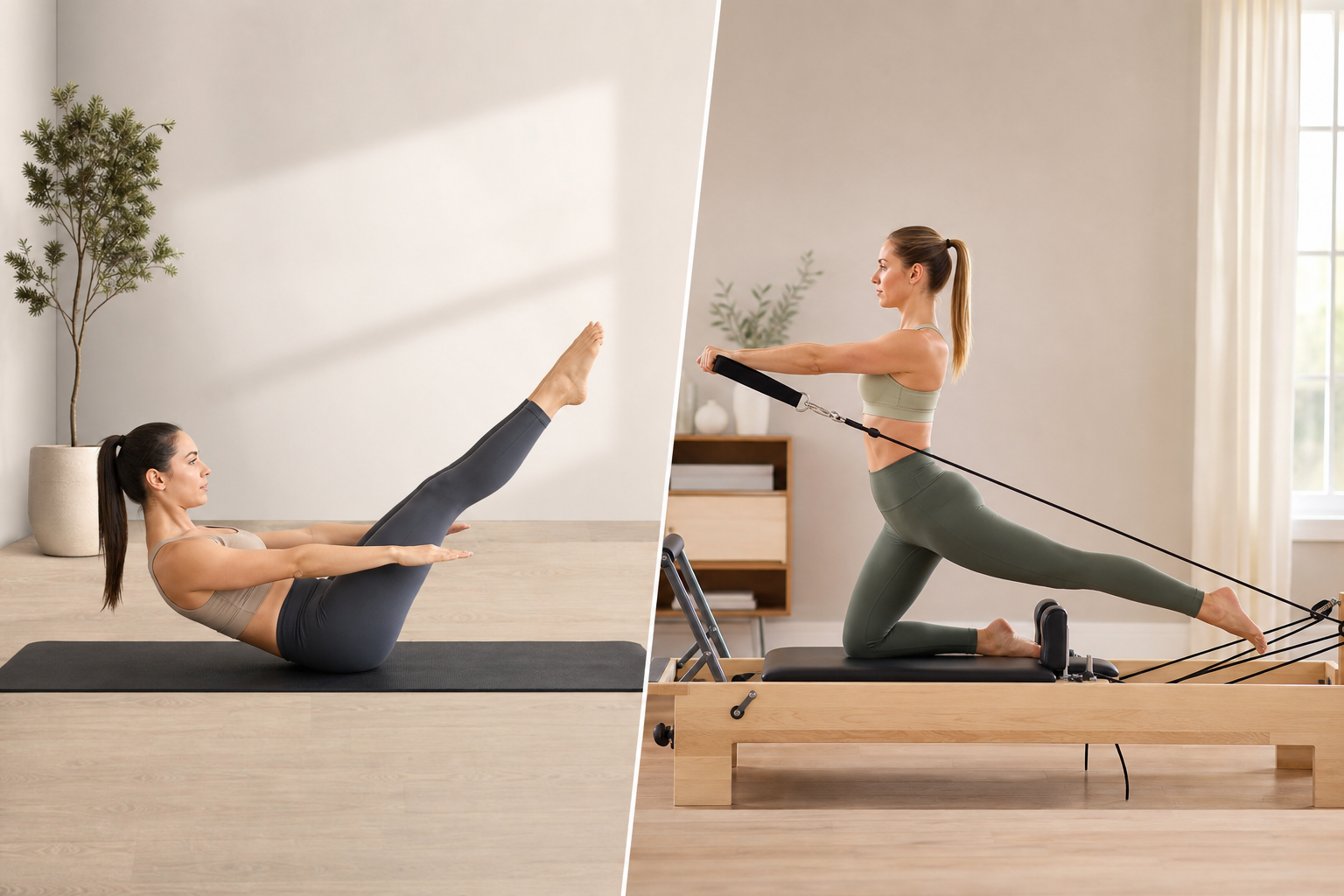 Side-by-side comparison illustration showing two women doing pilates. On the left, a woman doing flo