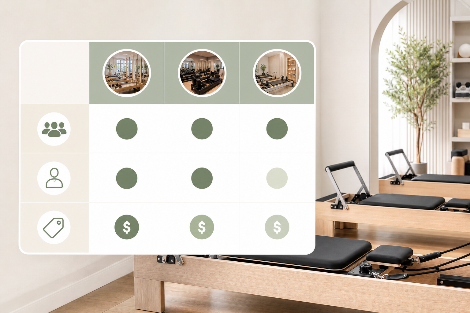 An informative and clear infographic showing a comparison chart between different pilates studios. I