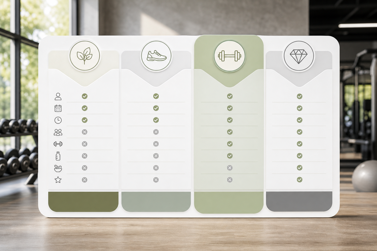 A clear, professional infographic design comparing different membership plans for a fitness studio. 