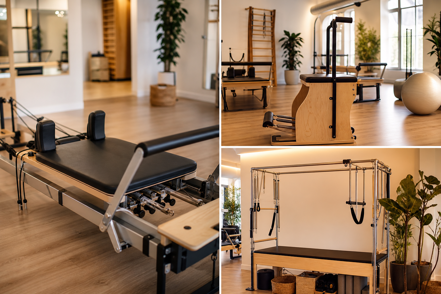 A high-quality collage image showing diverse Pilates equipment in a clean, modern studio setting: a 
