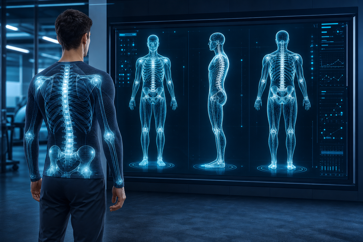 Conceptual illustration showing a person standing in front of a digital screen, wireframe visualizat