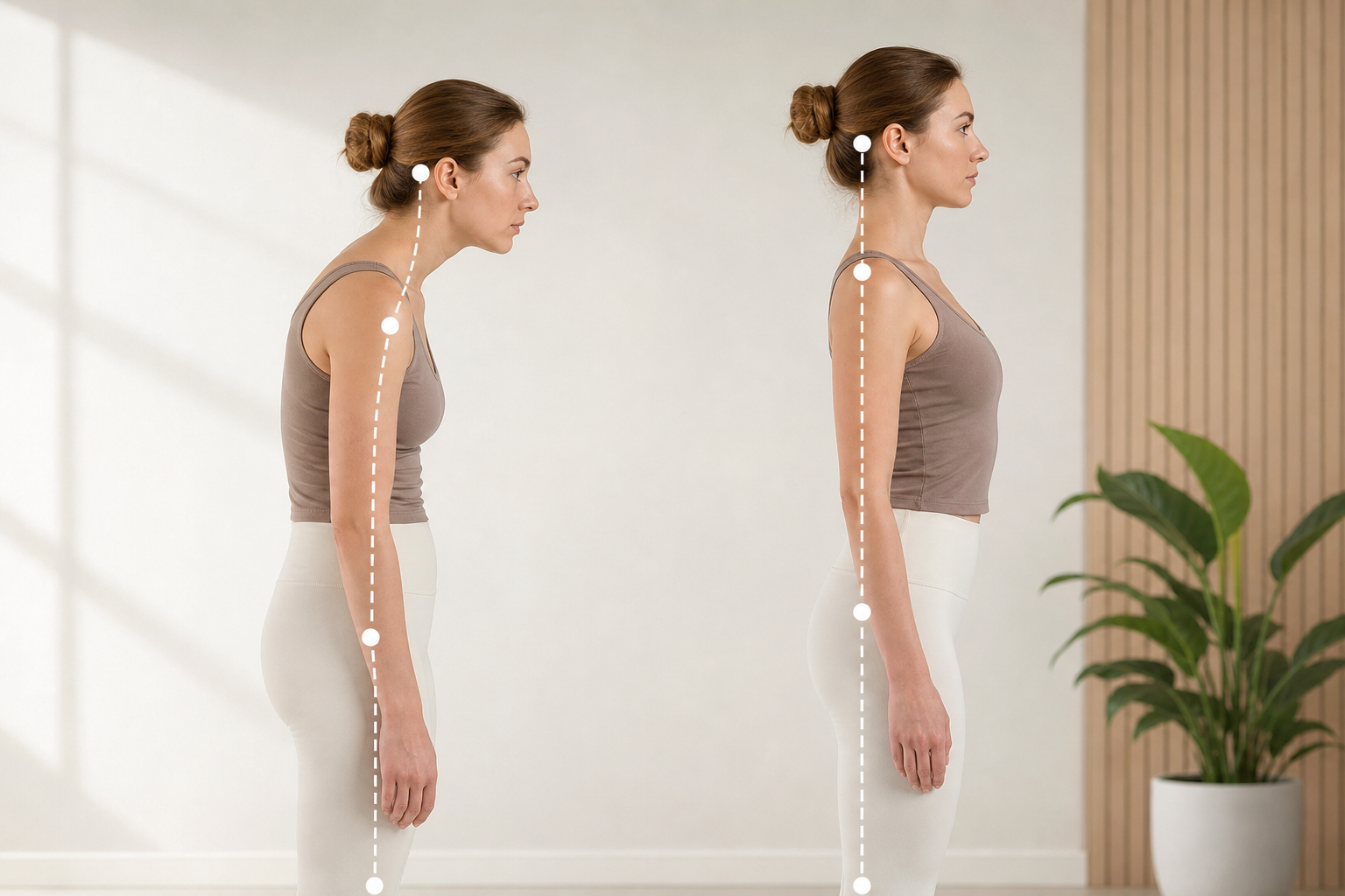 An illustration of a side-by-side comparison concept showing a person with improved posture, silhoue