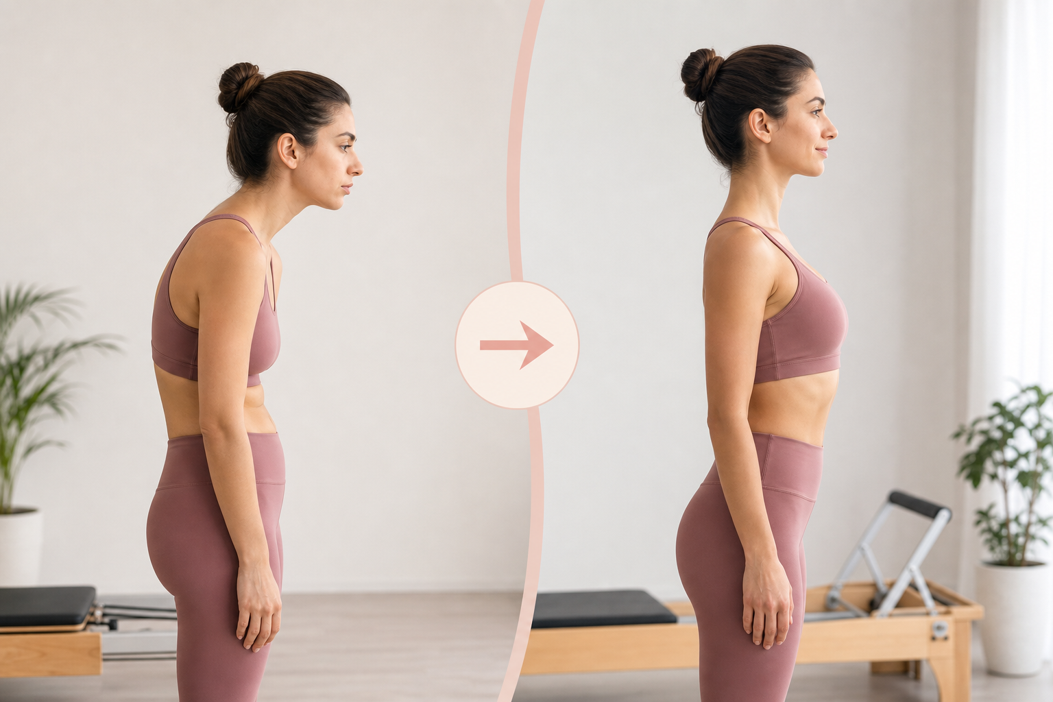 A side-by-side comparison chart graphic visualizing body transformation through pilates: 'Before' sh