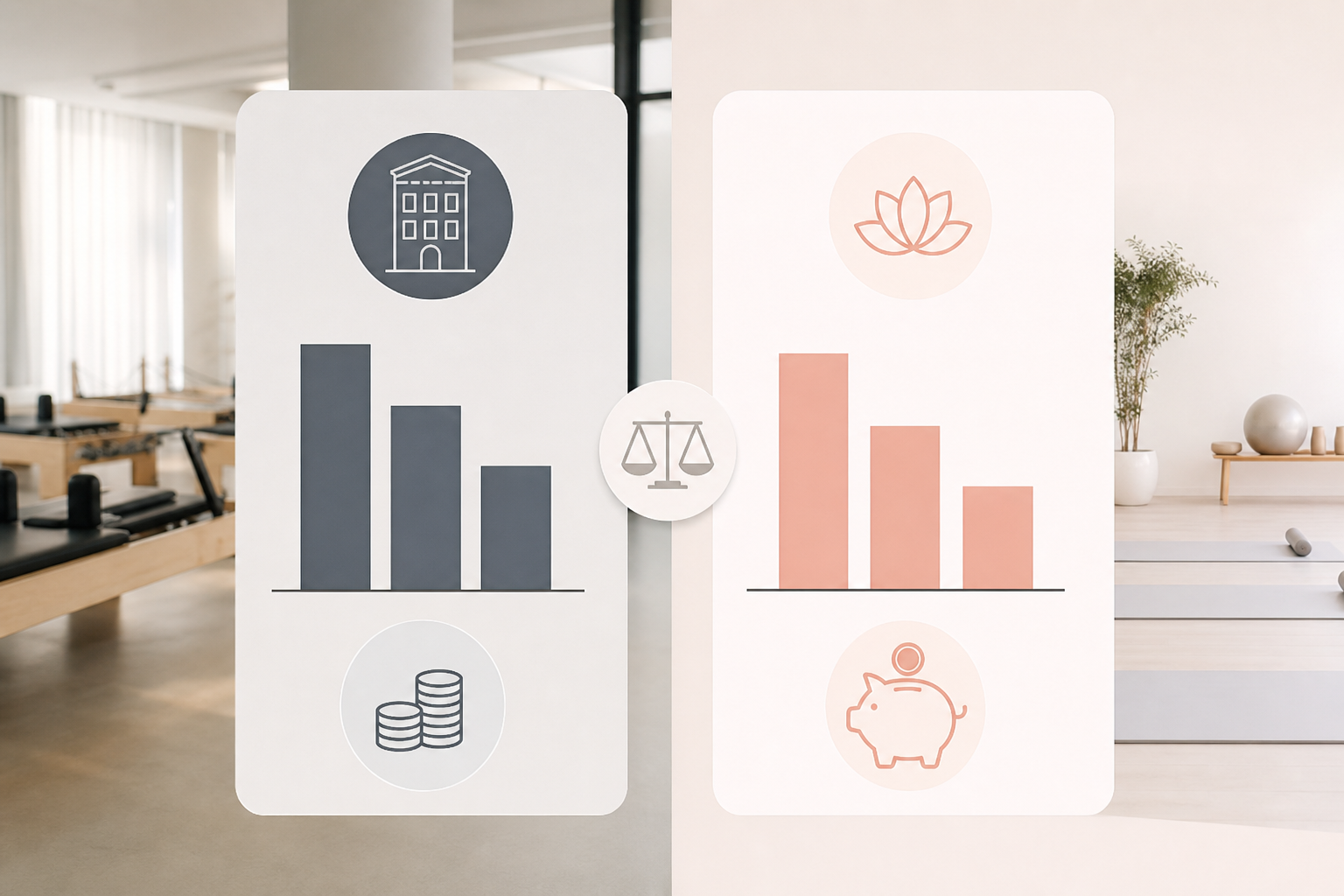 A comparison infographic showing the monthly cost difference between a general high-end Pilates stud