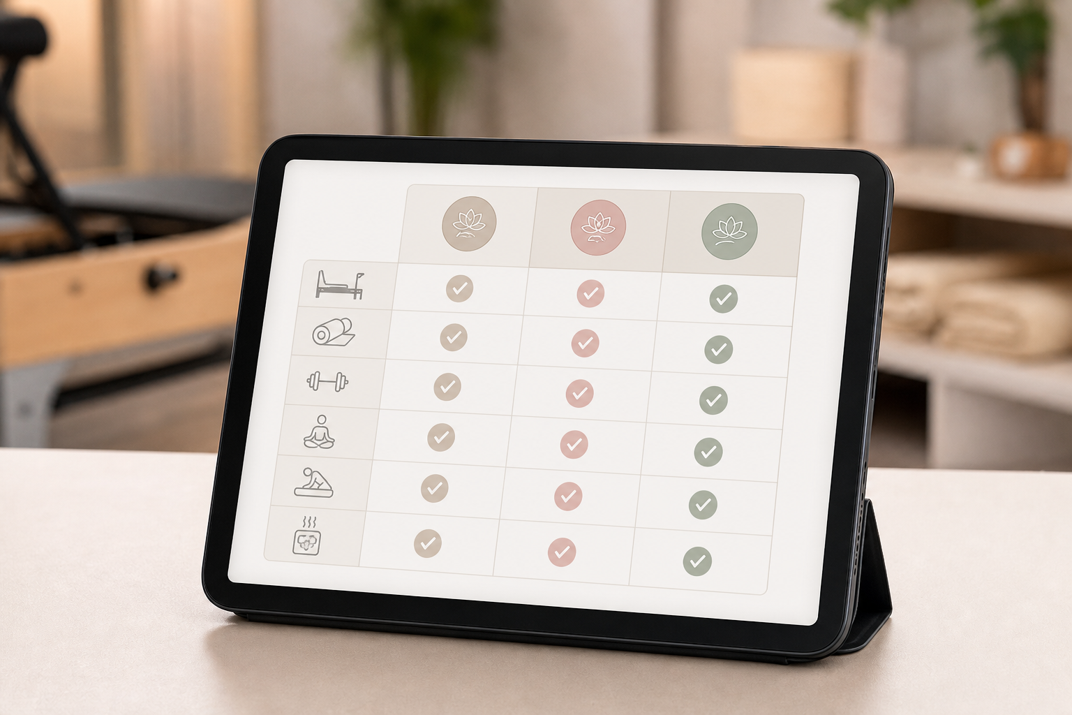 A clear, neatly organized comparison table layout displayed on a tablet screen, showing different me