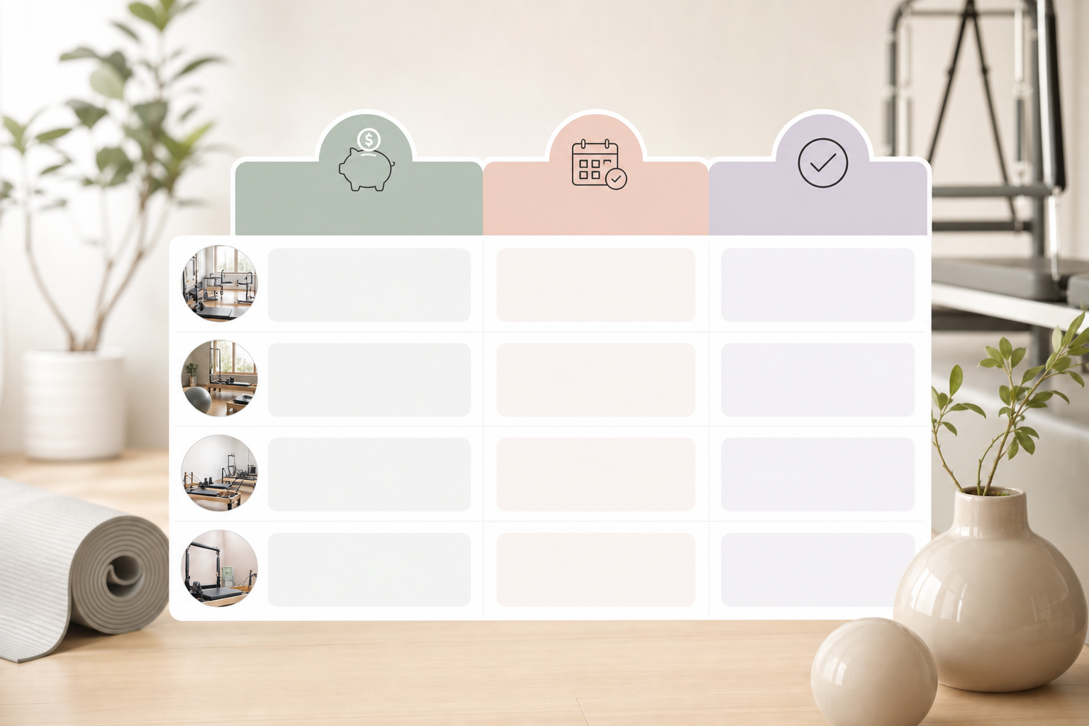 A clean, easy-to-read infographic style illustration showing a comparison table of pilates membershi