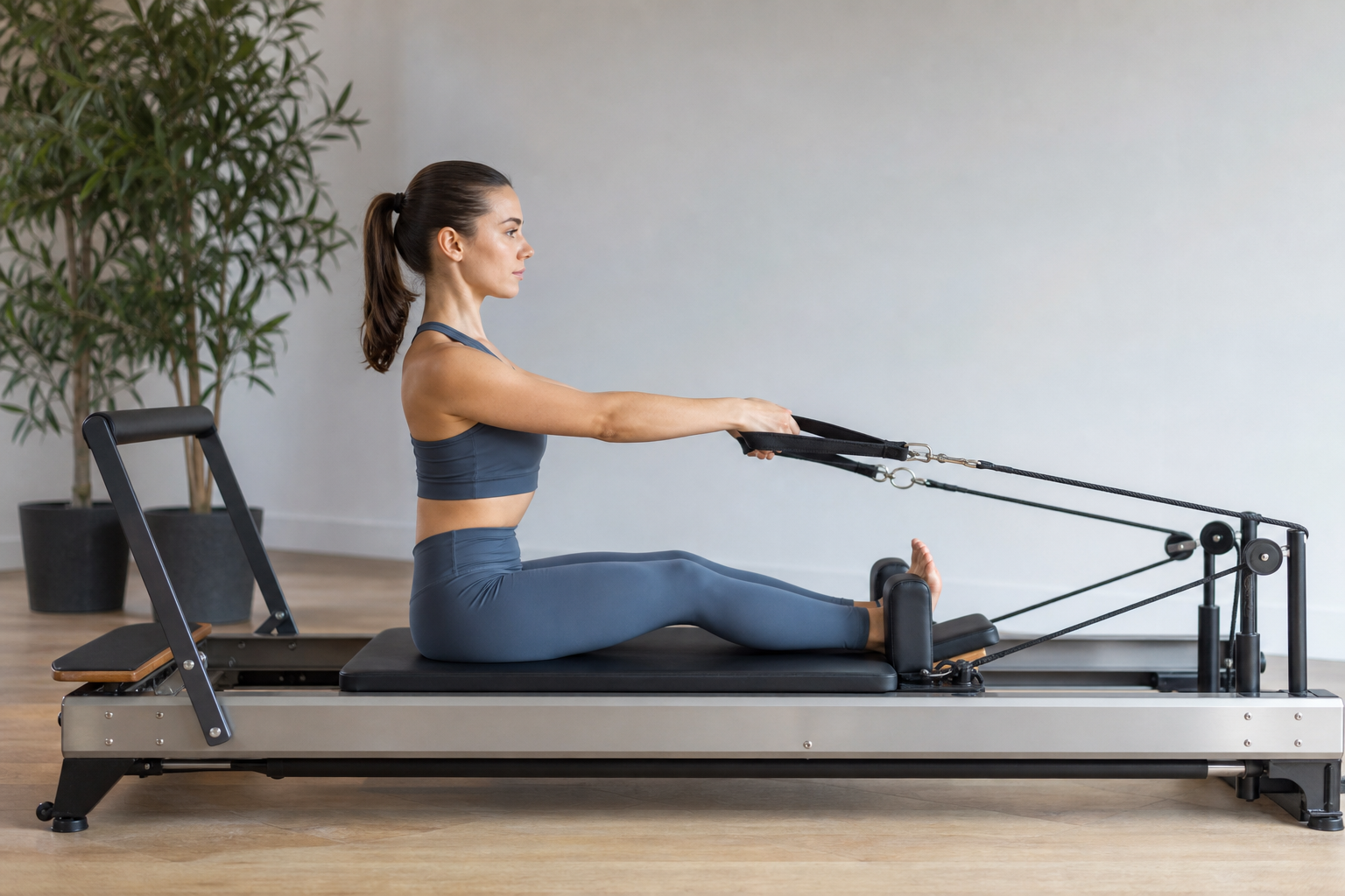 An educational illustration showing a reformer Pilates machine with its spring and rope components.