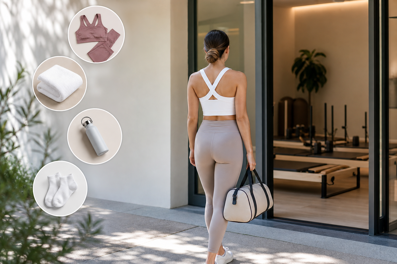 A comparative conceptual graphic showing a woman holding a small stylish gym bag walking towards a p