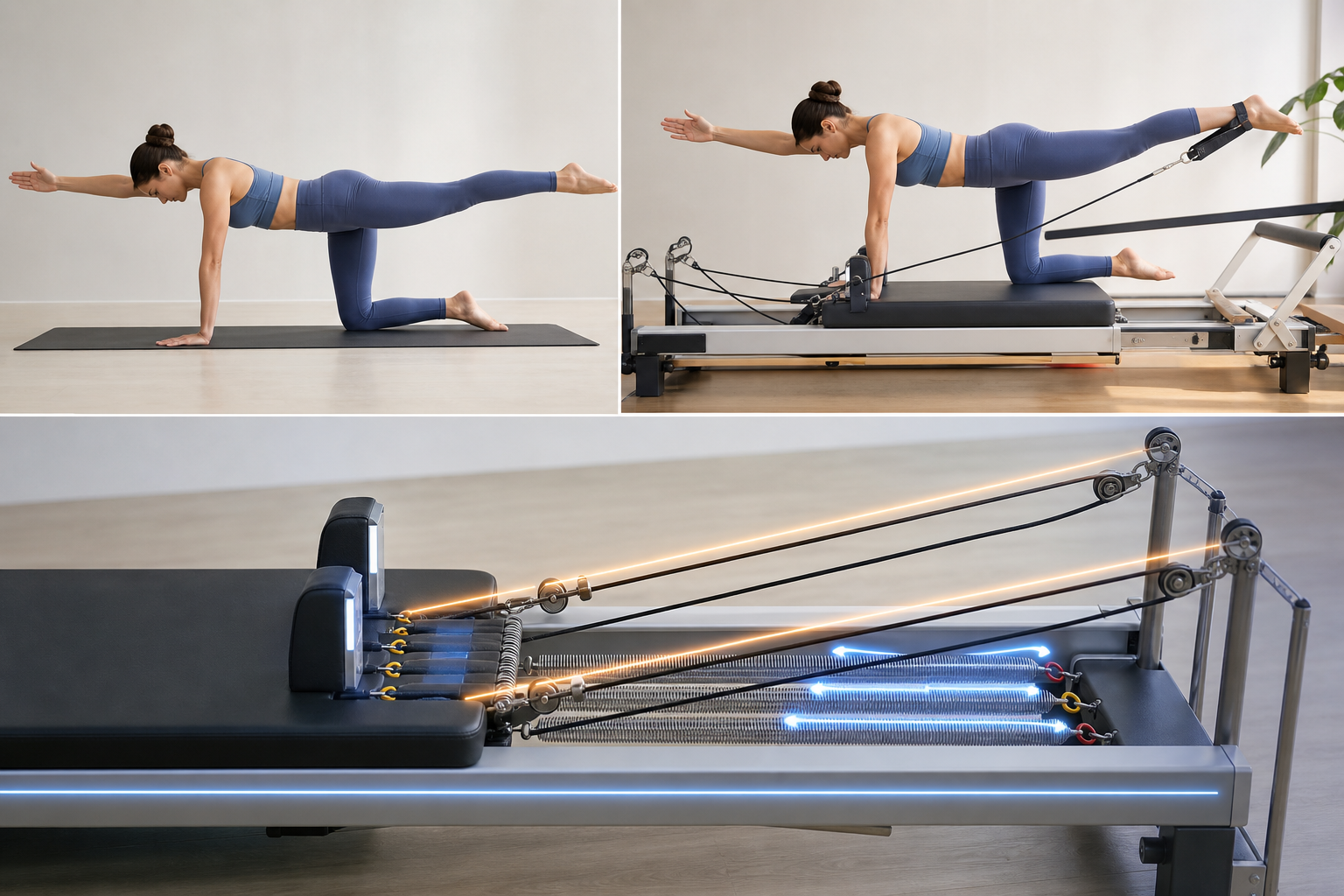 An educational infographic style image showing the anatomy of a pilates reformer machine, highlighti