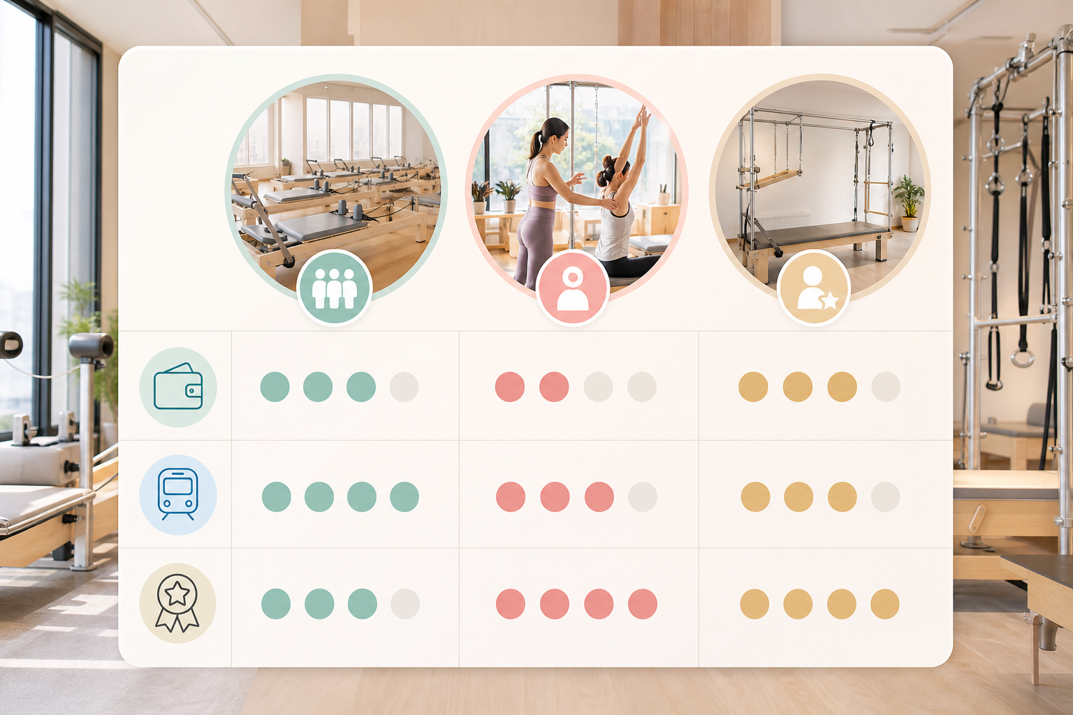 A professional and modern comparison chart graphic titled 'Top 3 Recommended Pilates Studios in Shib