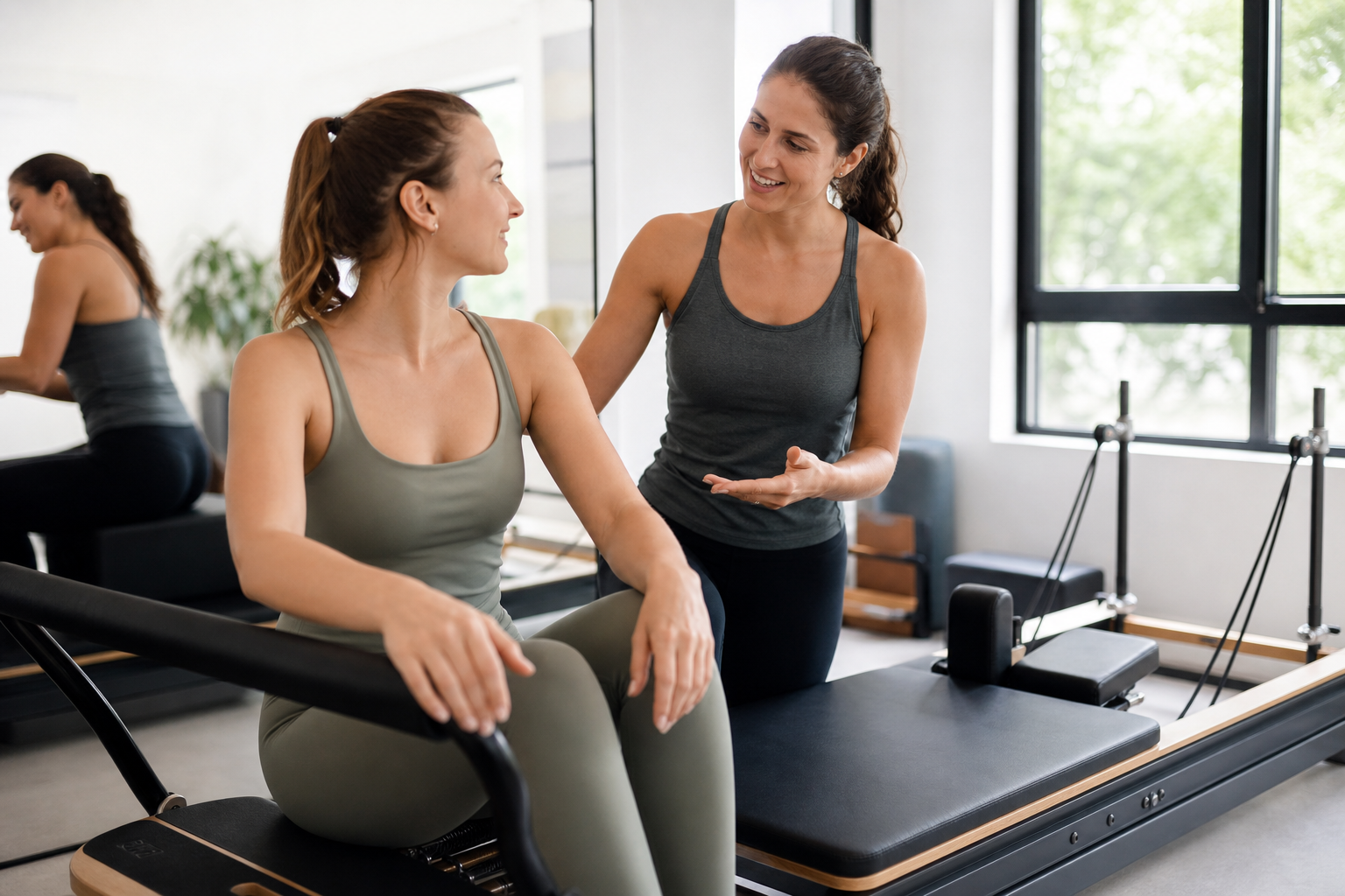 A professional and friendly female Pilates instructor standing next to a reformer machine in a brigh