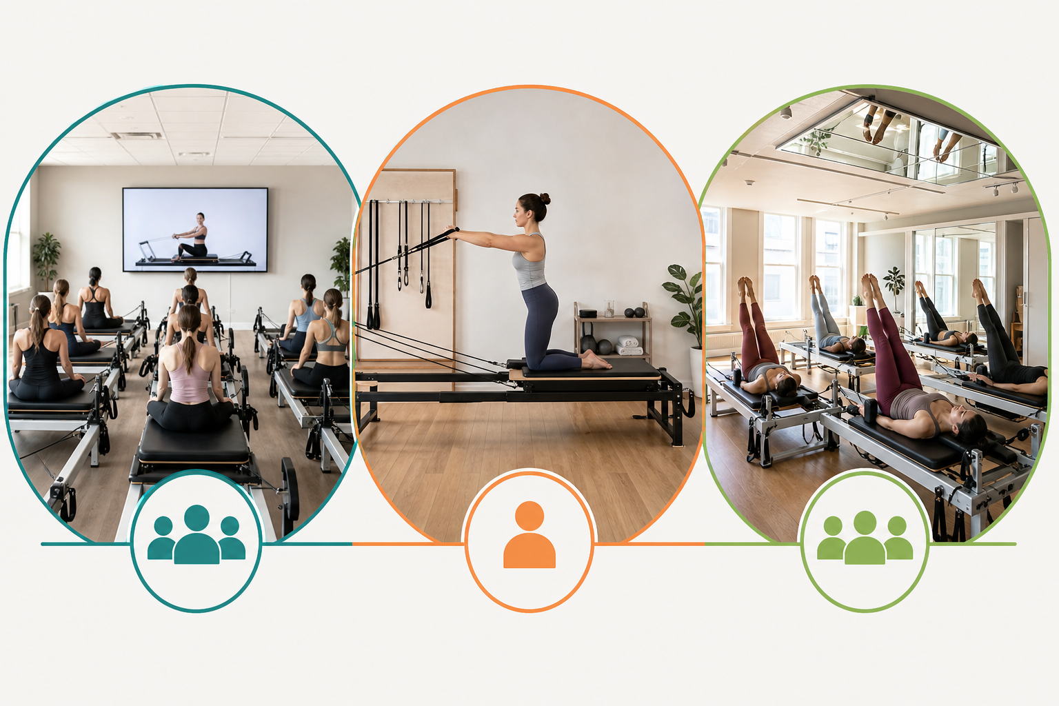 A flat-lay style infographic illustration comparing three different Pilates training styles. One sec