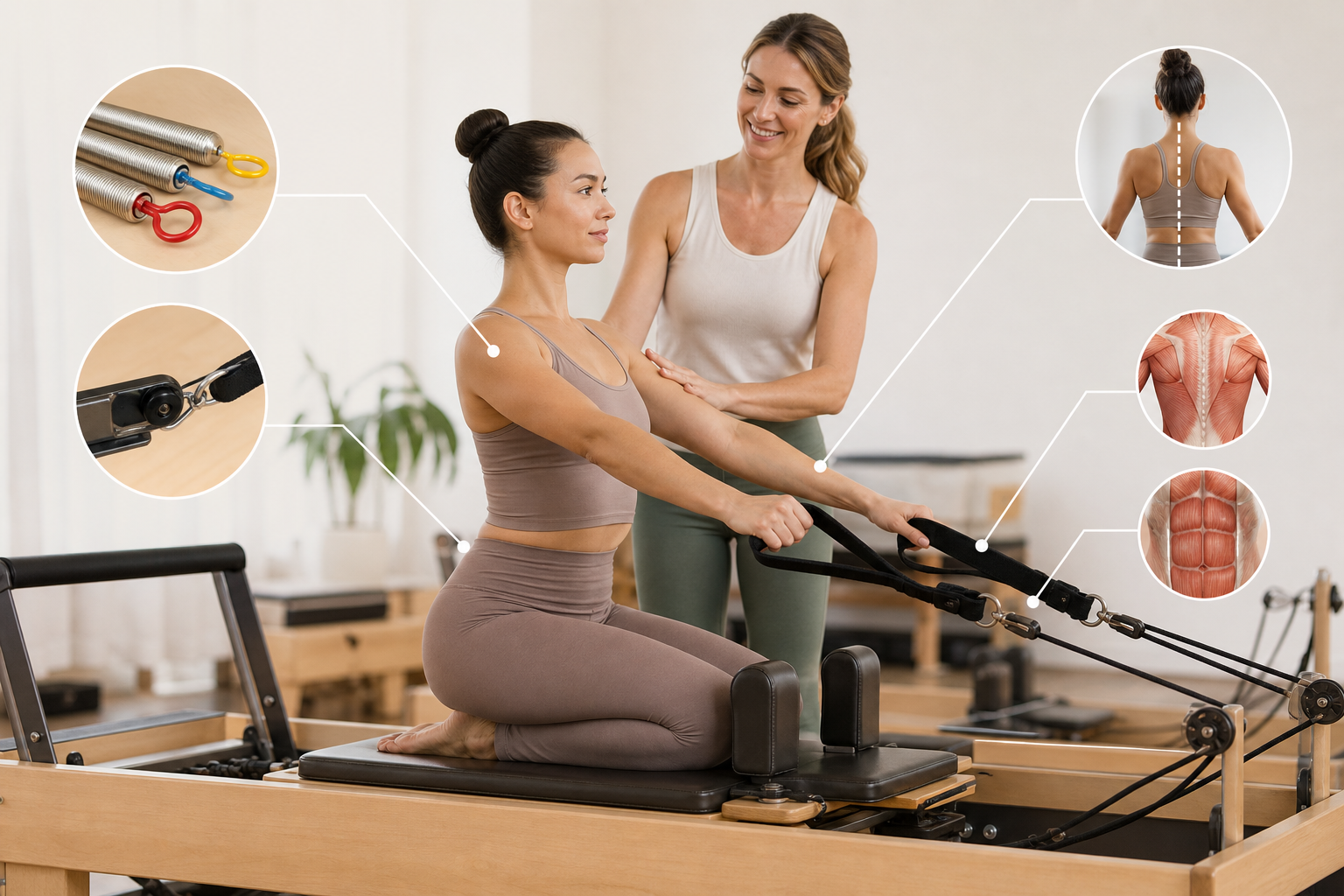 An educational infographic style illustration showing a comparison of pilates reformer machine compo