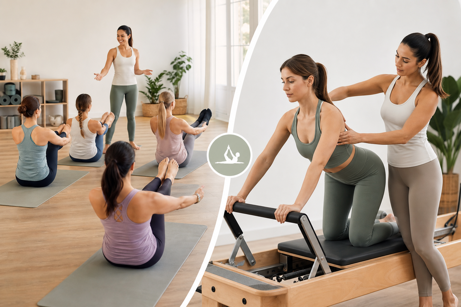 An infographic-style illustration comparing 'Group Pilates' and 'Personal Pilates'. On the left, a f