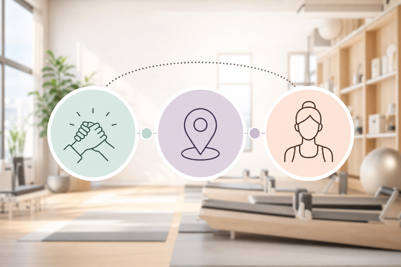 An illustration showing three simple steps or a checklist for beginners choosing a fitness studio, c