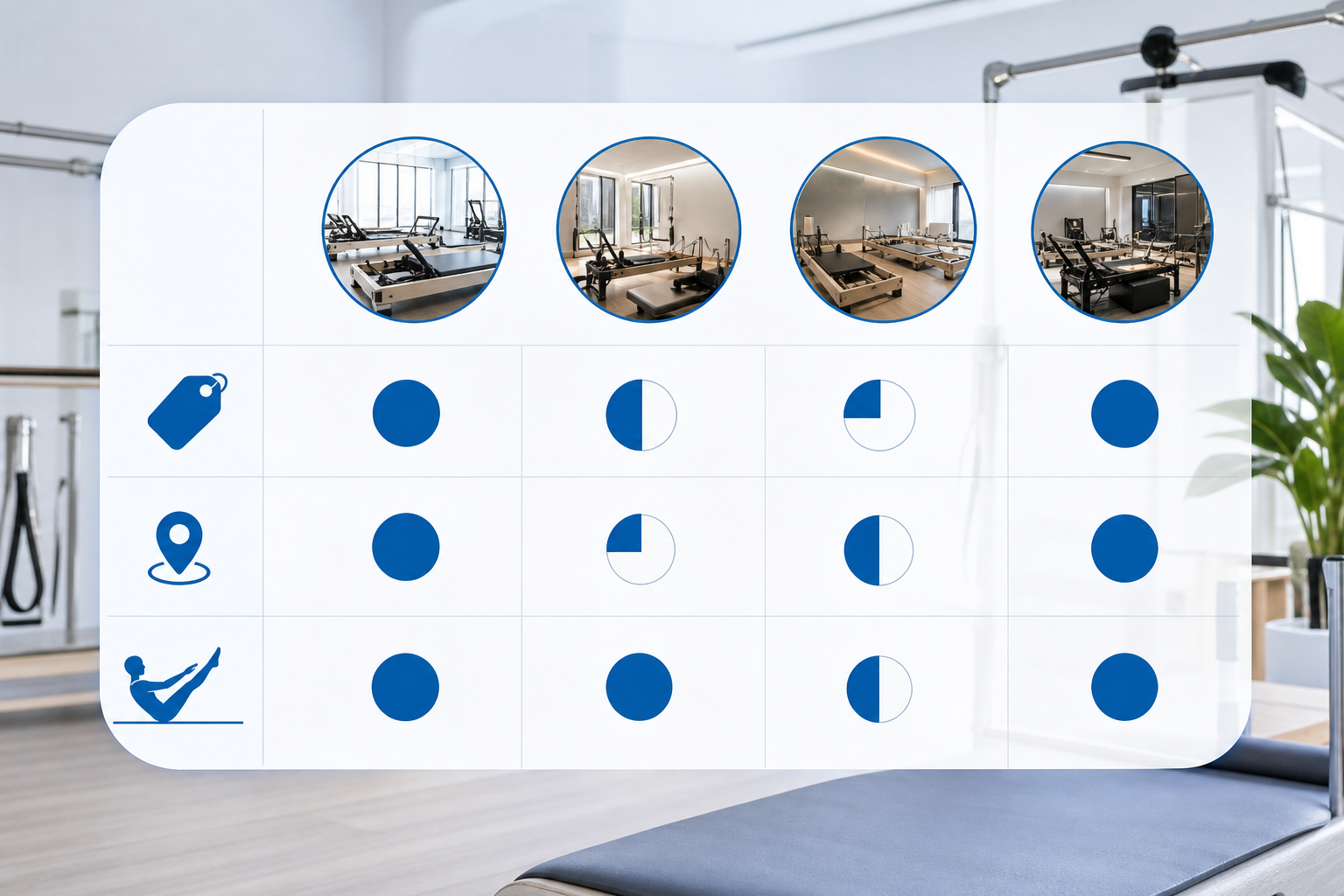 A clean, easy-to-read data visualization graphic showing a comparison table of Pilates studio featur