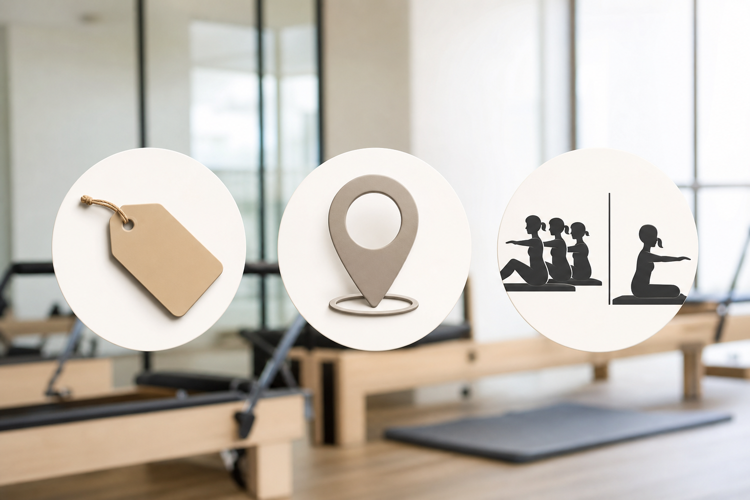 An infographic illustration showing three distinct icons representing how to choose a Pilates studio