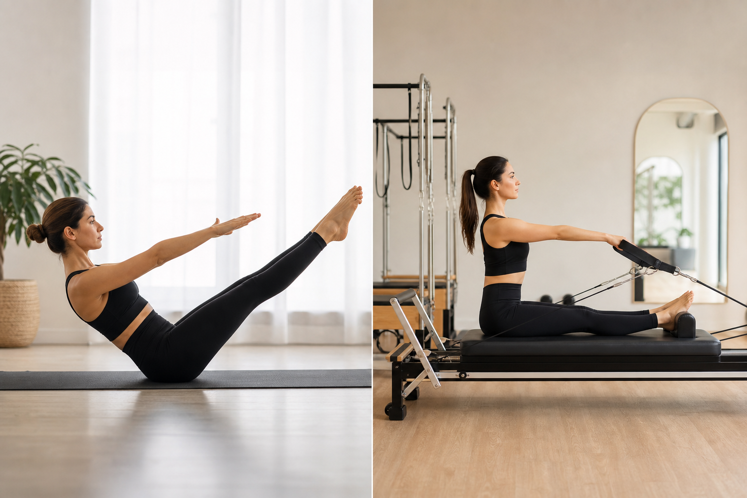 Side-by-side comparative illustration or high-quality photo showing the difference between mat pilat
