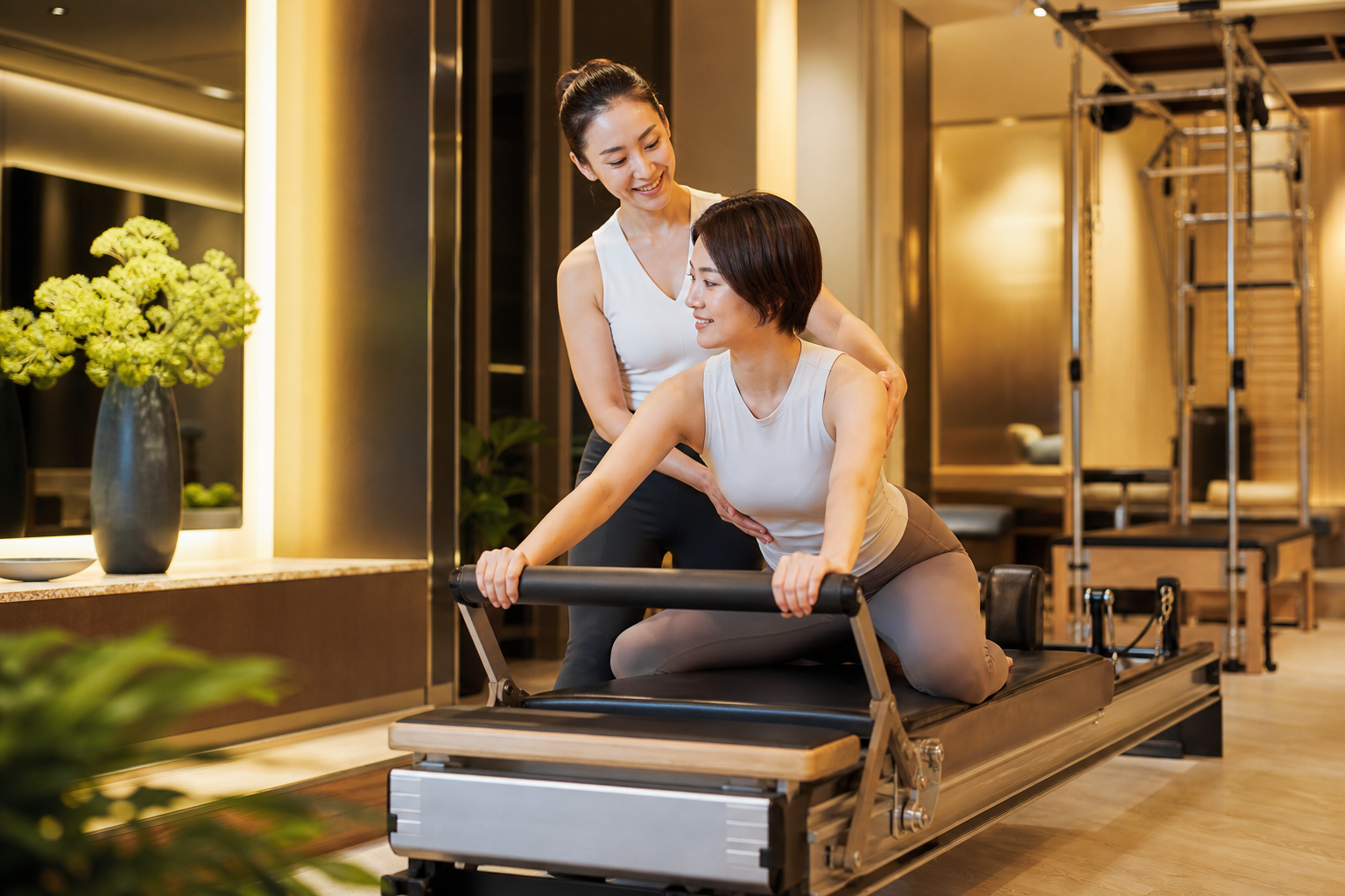 An inviting and high-end boutique pilates studio interior in Azabujuban, a friendly and professional