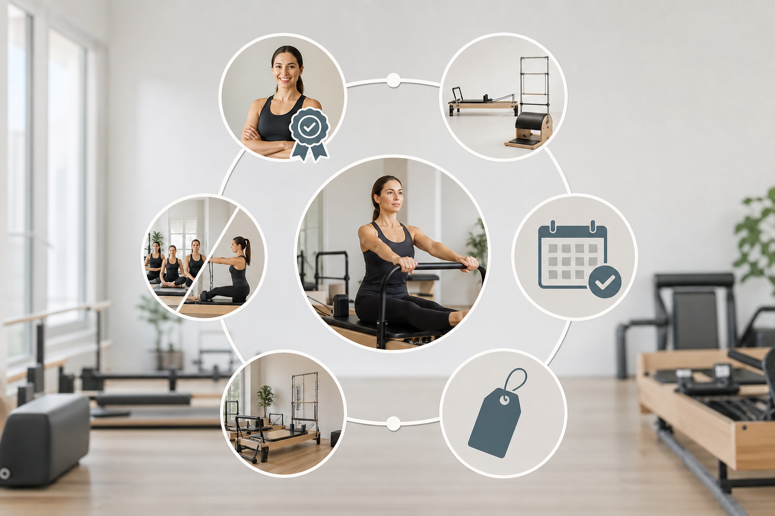 An infographic illustration showing the 6 key points for choosing a Pilates studio. Icons include a