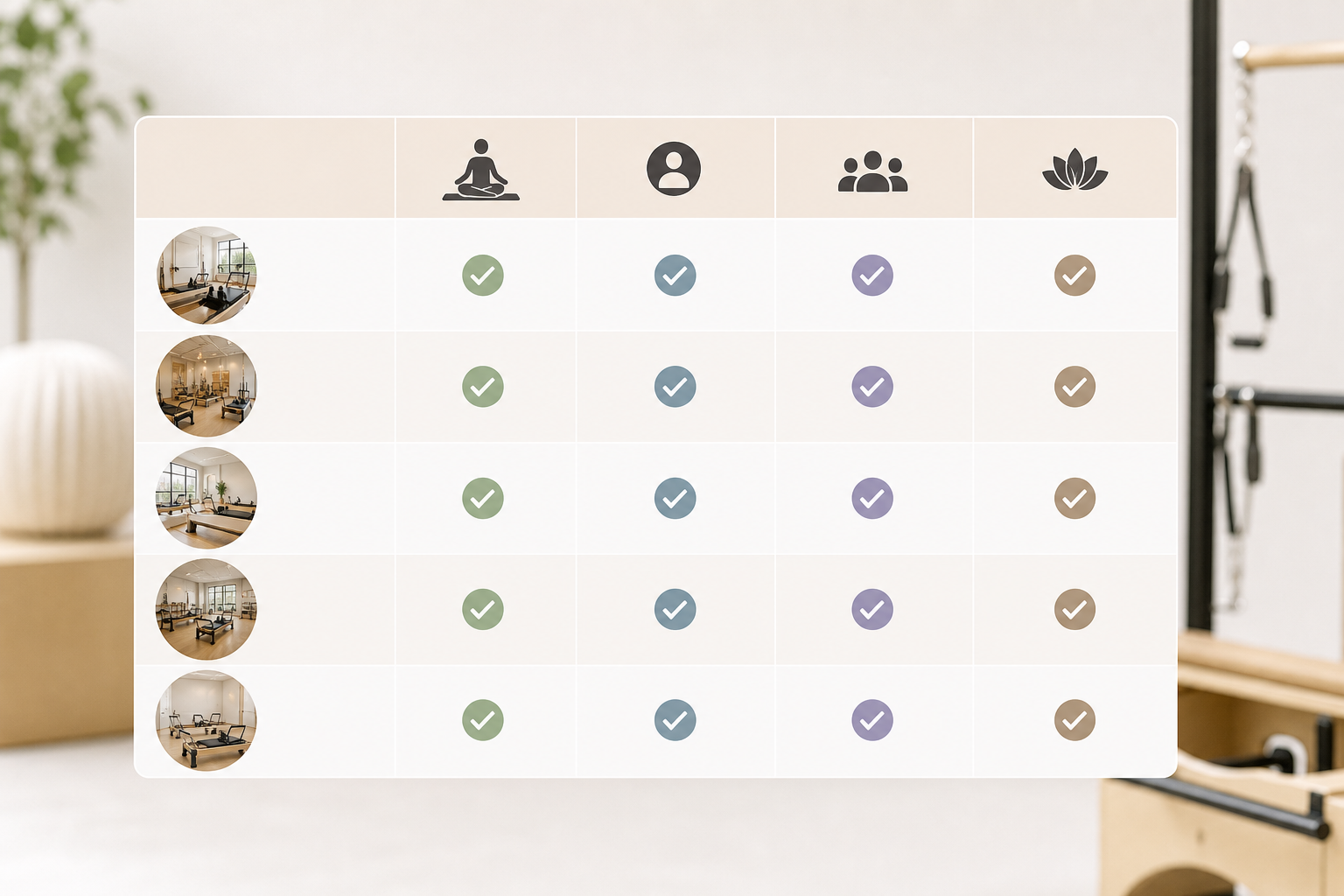 An informative and clean comparison table layout design, visually representing a list of Pilates stu