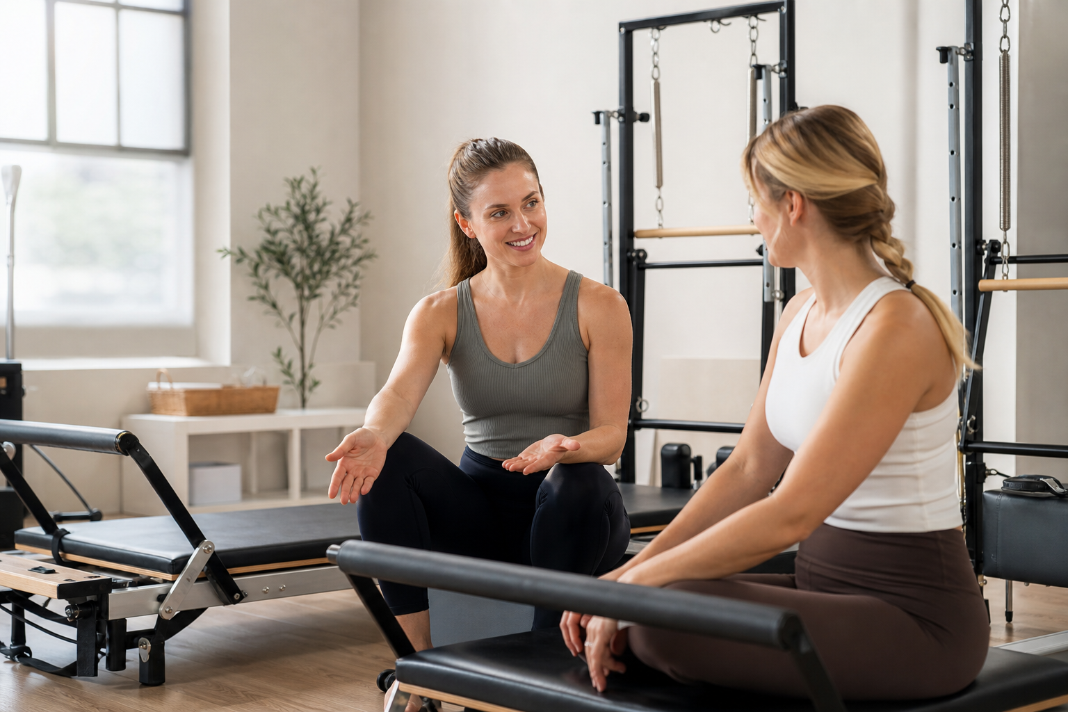 A friendly and helpful female Pilates instructor talking to a beginner student in a bright studio, t