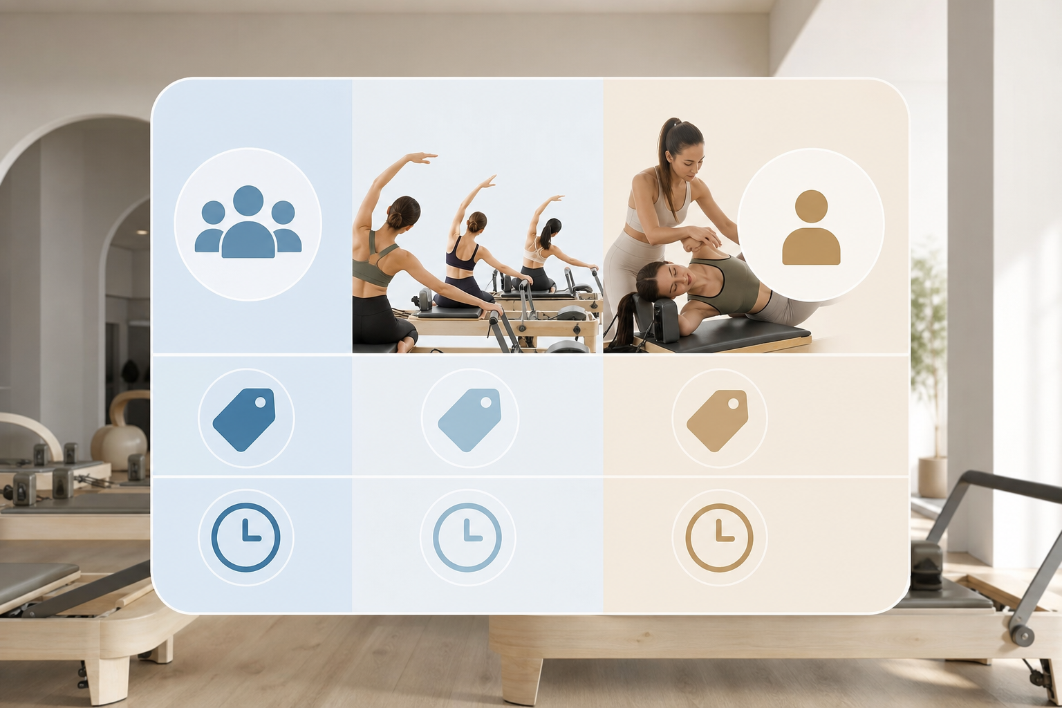 An informative comparison chart illustration about Pilates studios, featuring icons of different wor