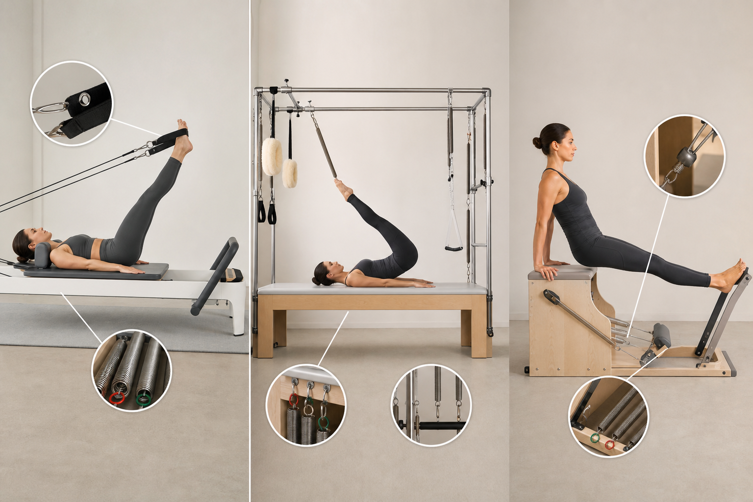 An educational infographic style illustration comparing different types of Pilates equipment. Showin