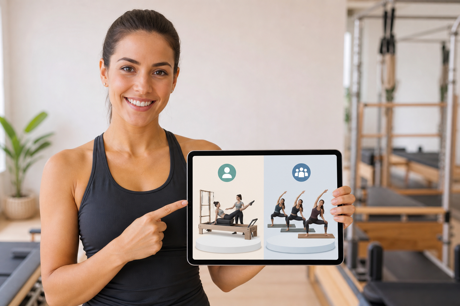 A friendly and professional Pilates instructor pointing at a clean, illustrated infographic on a dig