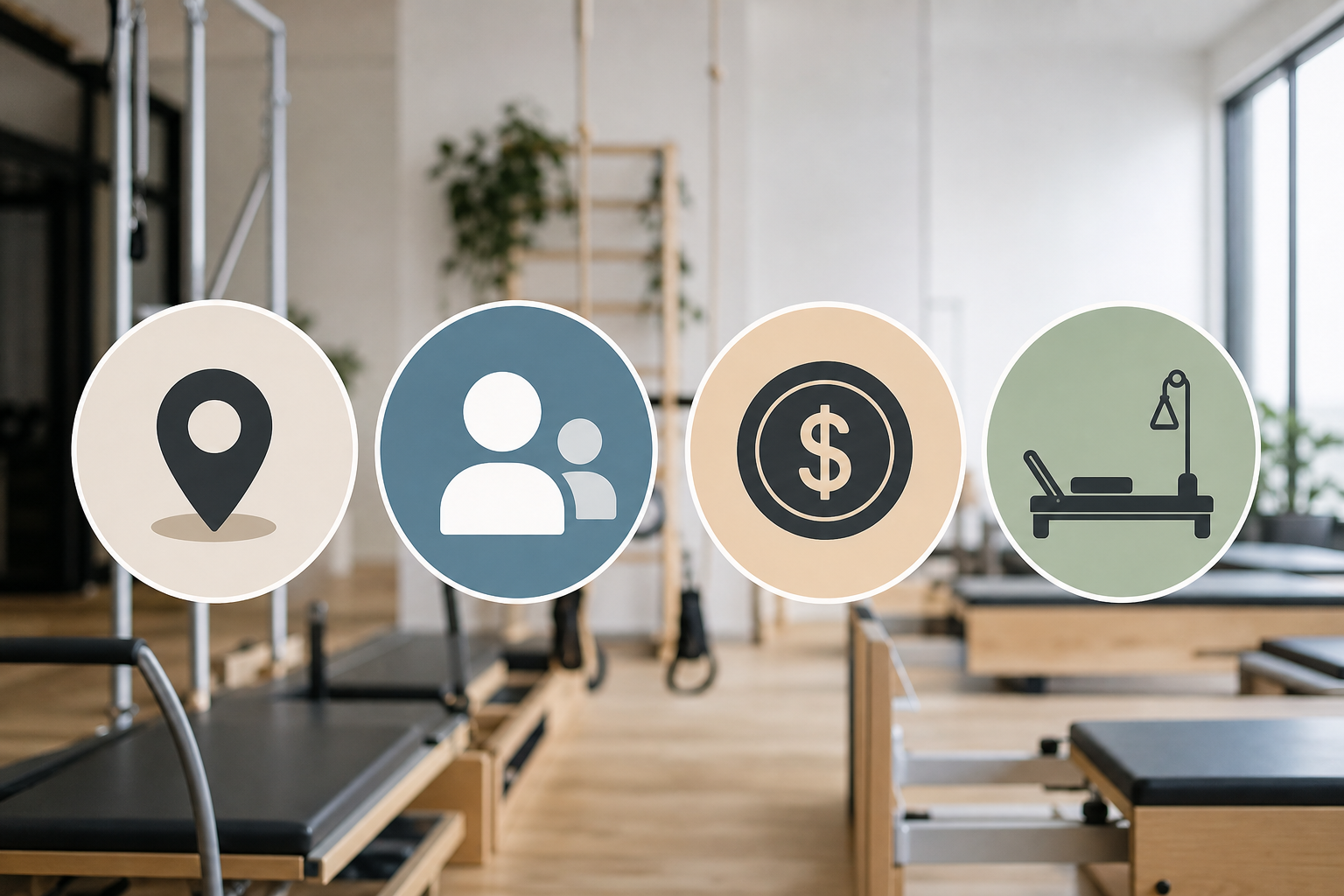 An infographic illustration showing four essential icons for choosing a pilates studio: a location p