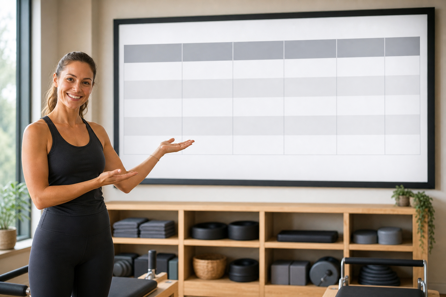 A friendly female Pilates instructor gesturing towards a large, clear comparison table on a screen,