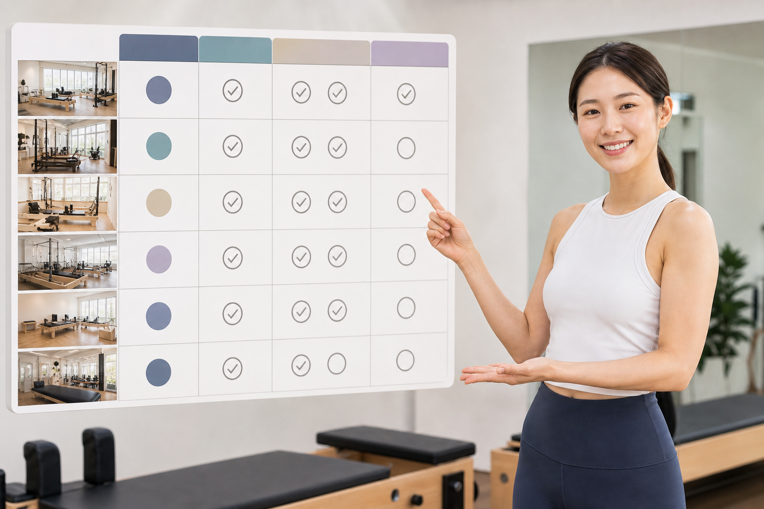 A professional-looking, organized comparison table visual showing different pilates studios with col