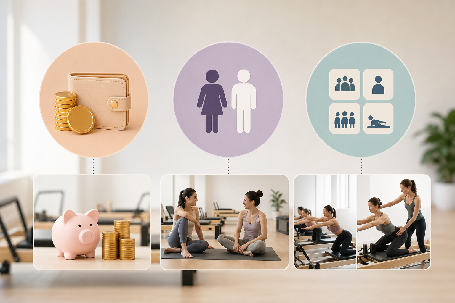 An infographic illustration comparing three key factors for choosing a pilates studio: price (coins/