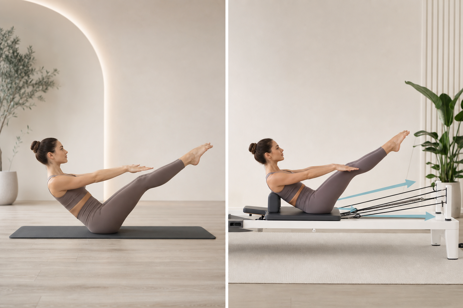 Side-by-side comparison illustration showing a person doing mat Pilates versus a person using a Pila