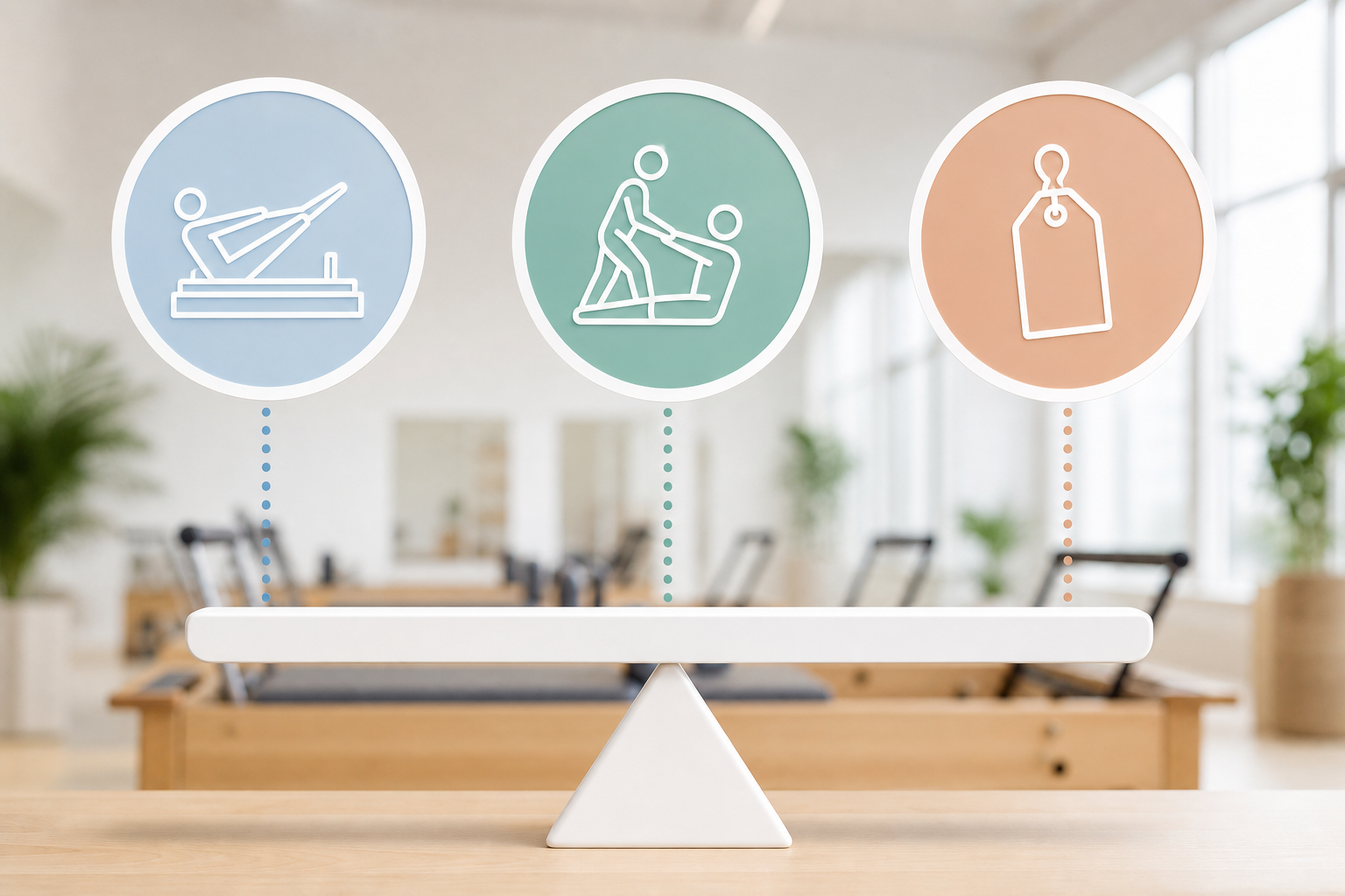 An organized visual graphic representing a comparison of Pilates studio services, showing icons for