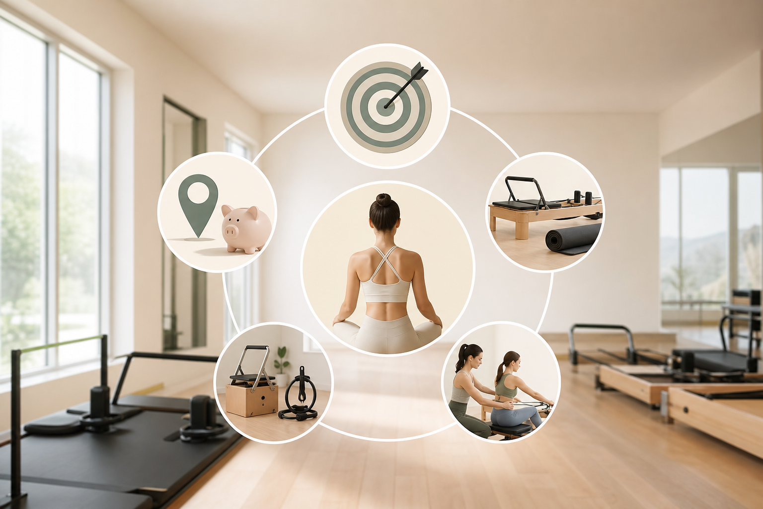 An infographic illustration showing the 5 key points for choosing a Pilates studio: 1. Purpose & Goa