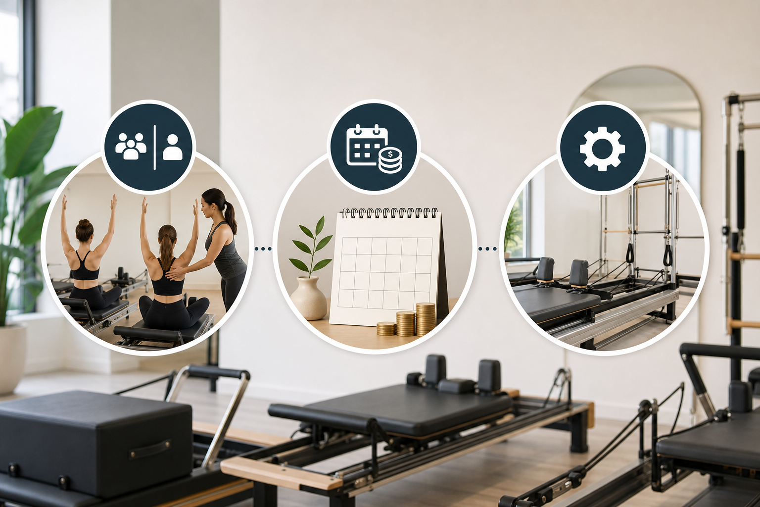 An illustration showing three steps to choosing a pilates studio: 1. Group vs Private icons, 2. A ca