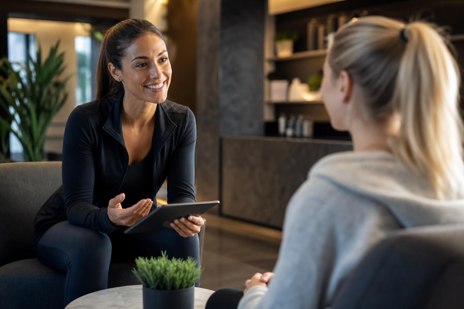 A helpful, smiling professional female coach answering questions for a curious client, sitting in a