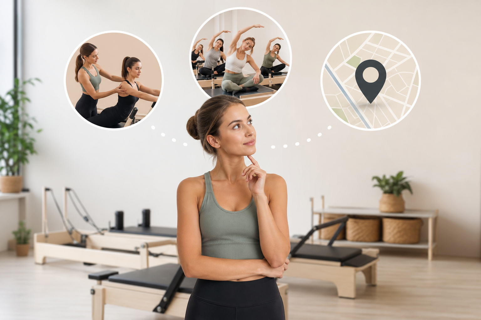 An illustration showing a person comparing different pilates studio features, including icons for a