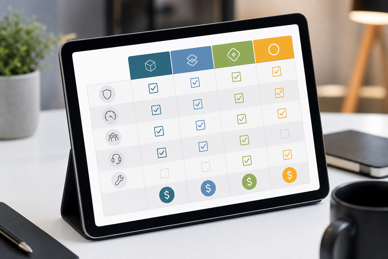 A clean, easy-to-read comparison table infographic displayed on a tablet screen, showing checkboxes