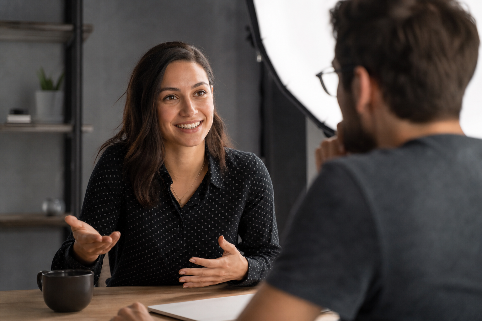 A helpful customer service representative or instructor smiling and talking to a client in a modern