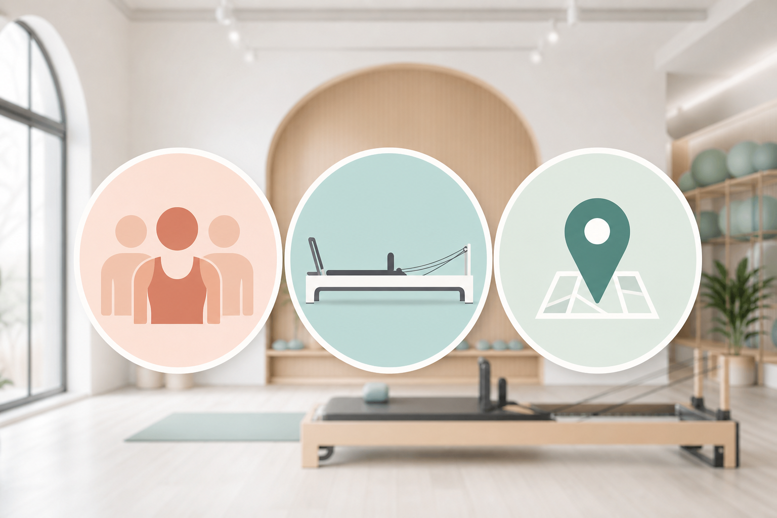 An infographic illustration showing three main icons for choosing a fitness studio: 1. A group of pe