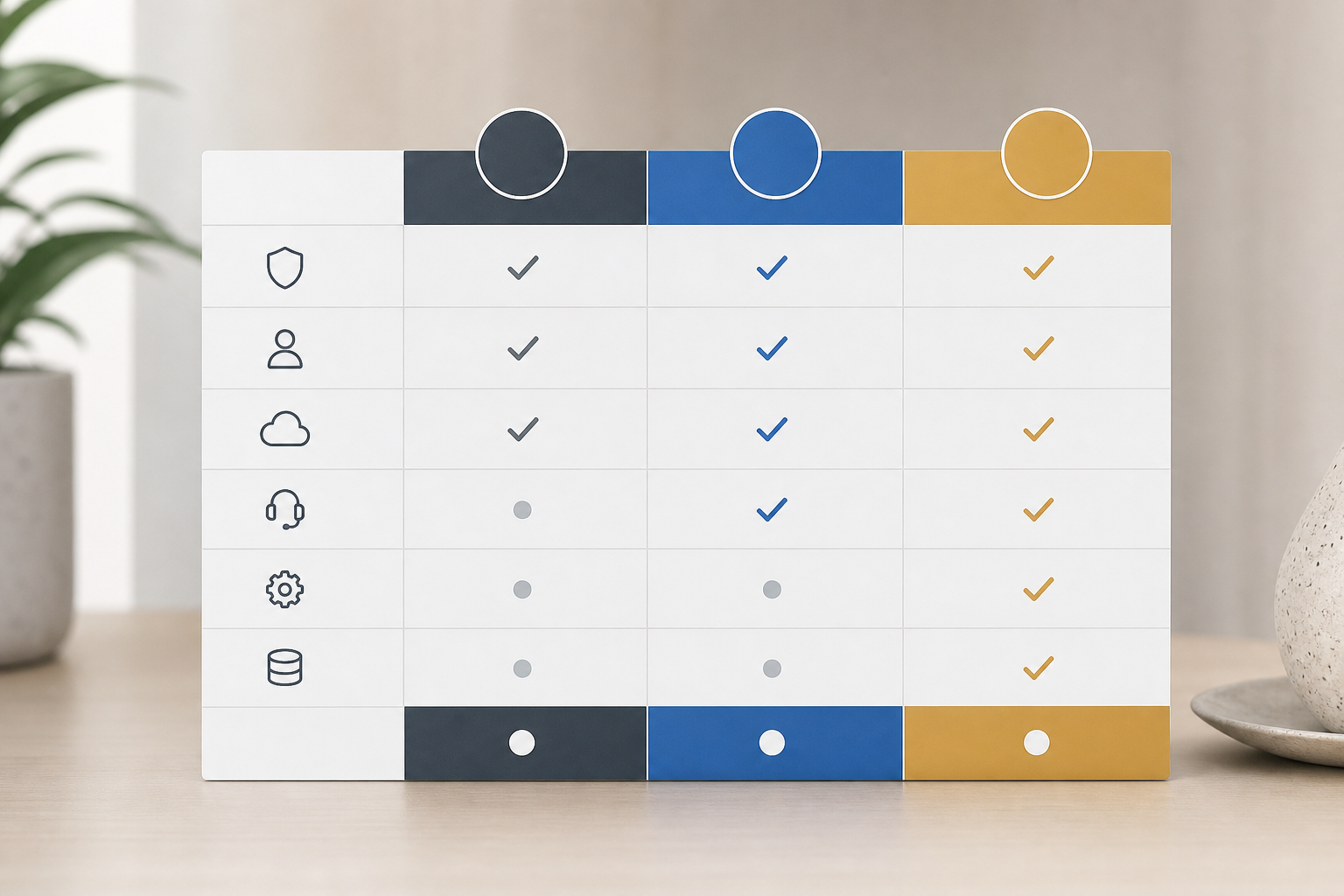 A clean and modern comparison table design illustration. The layout shows rows and columns with chec