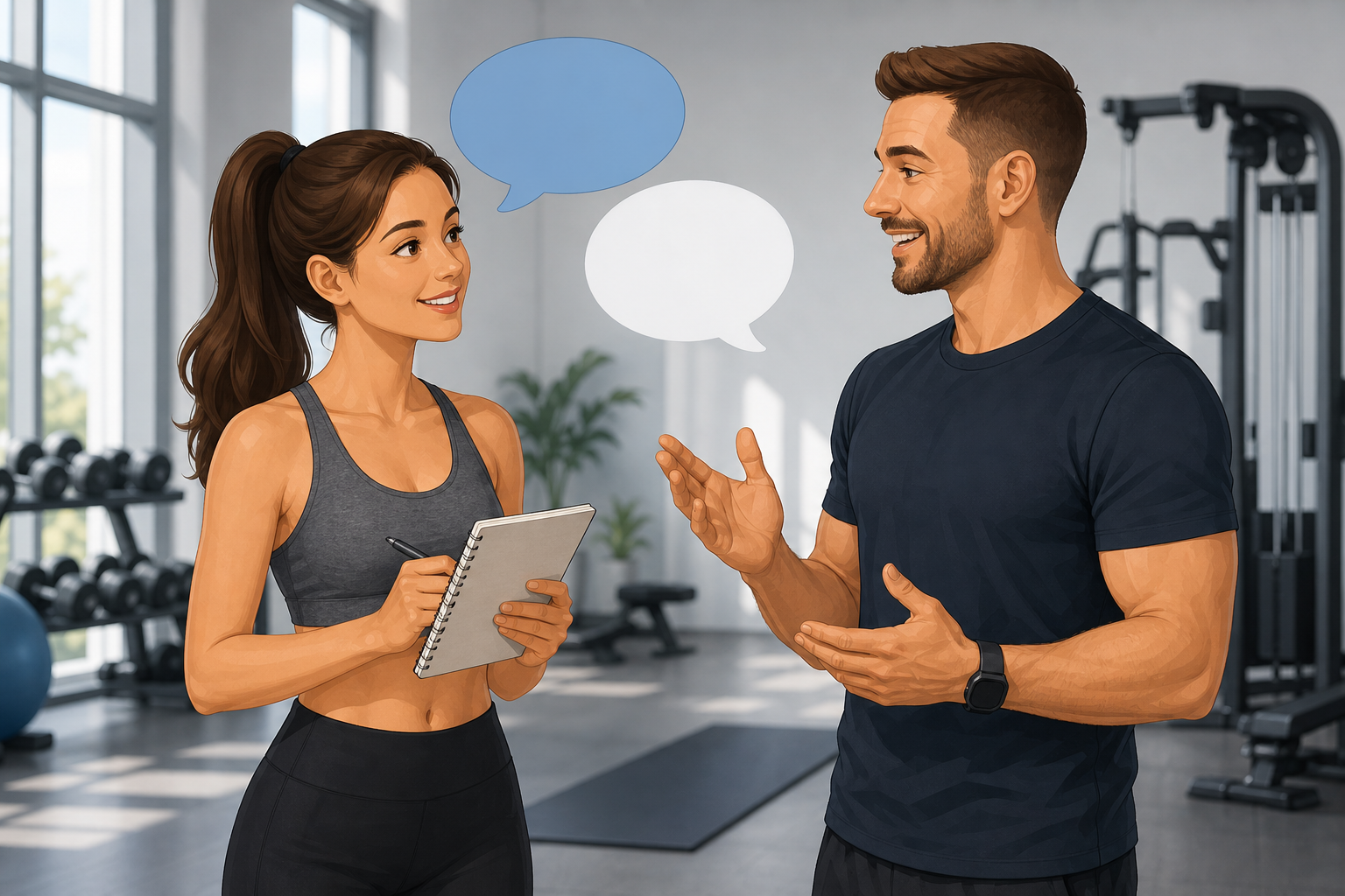A friendly, stylized illustration of a woman in workout attire holding a notebook and smiling, looki