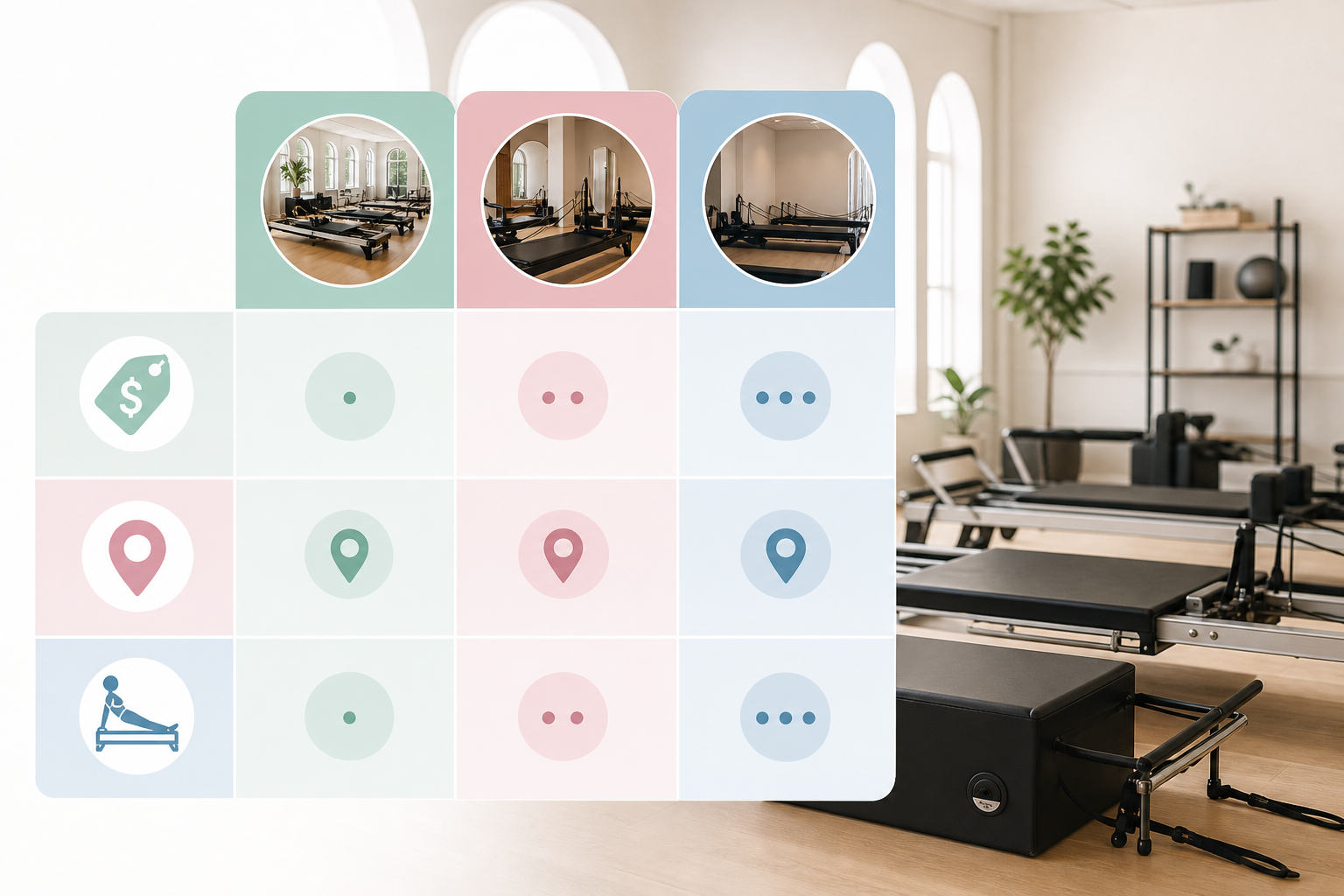 A clean, easy-to-understand infographic design showing a comparison of different Pilates studio feat