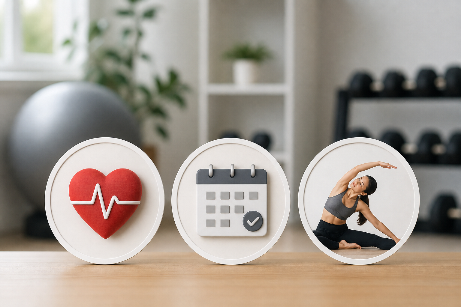A clean, easy-to-understand infographic style image featuring icons related to fitness, such as a he