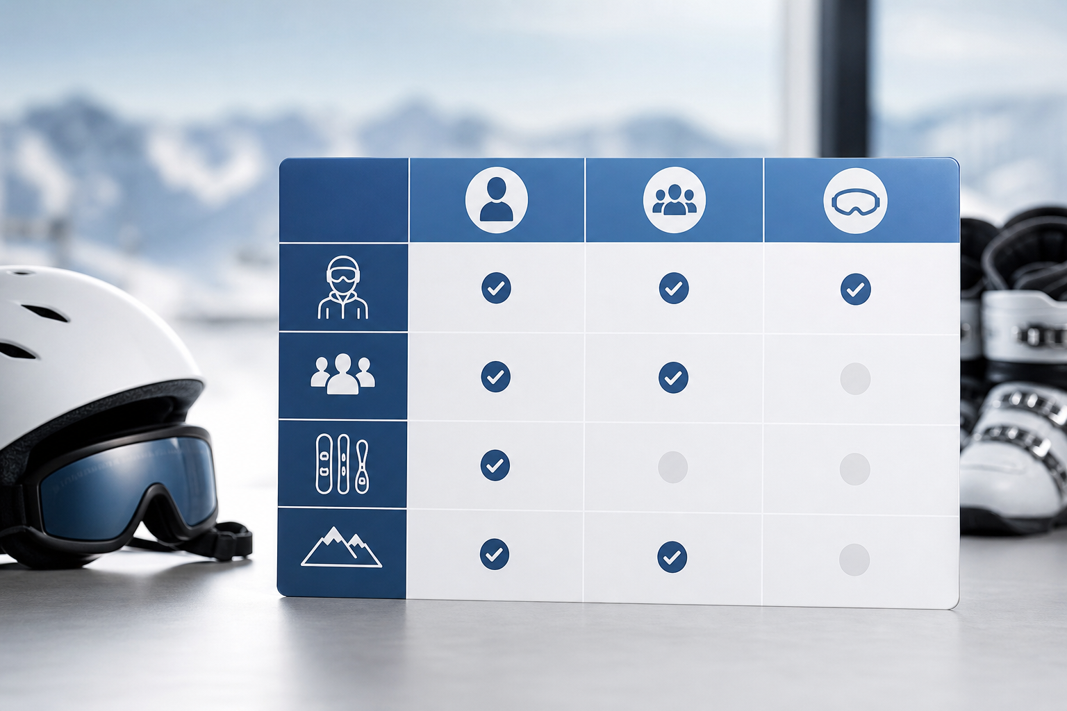 A clean and professional comparative table design visualization, showing rows and columns with check