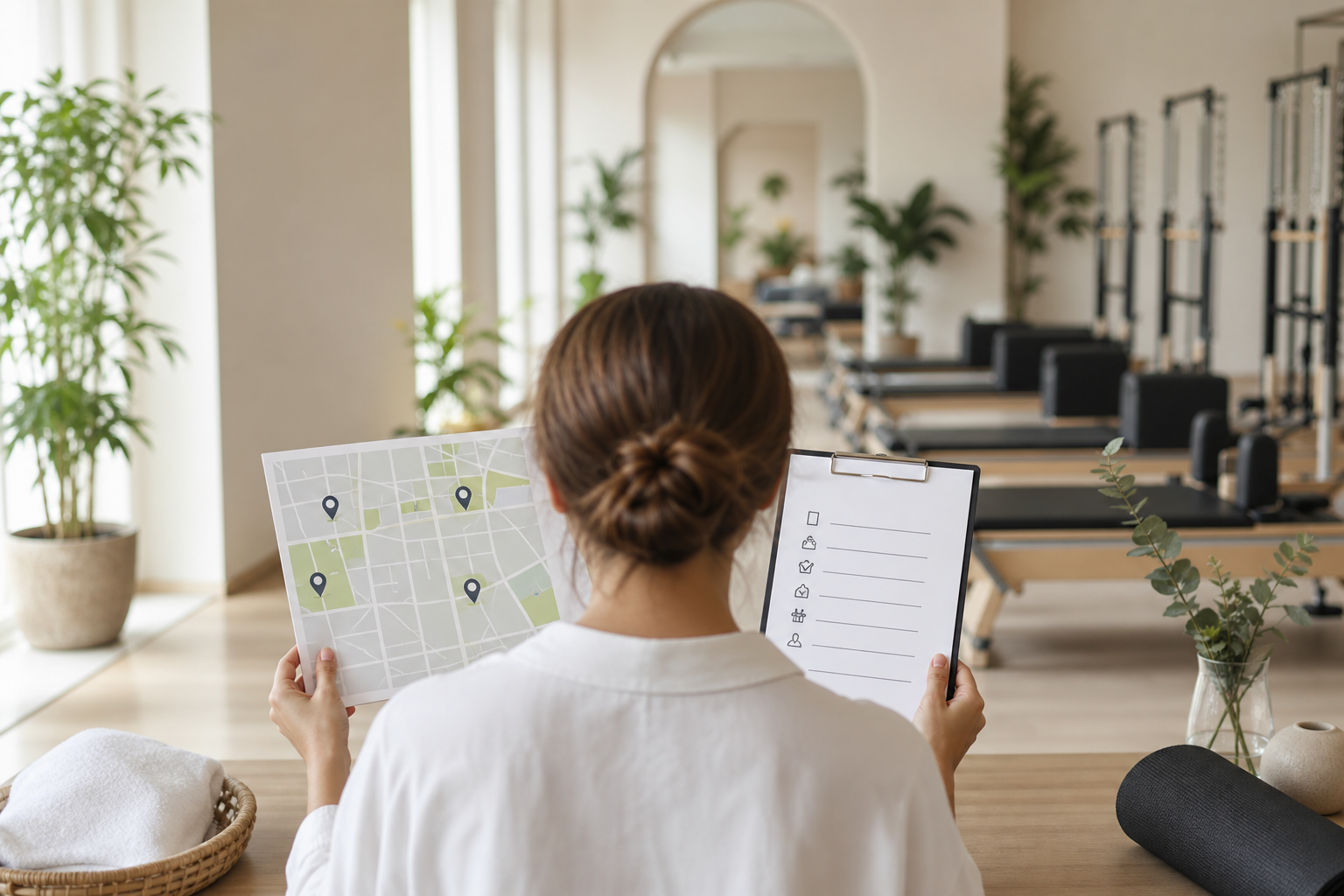 An illustration showing a woman comparing different Pilates studios, using a checklist or a map, con