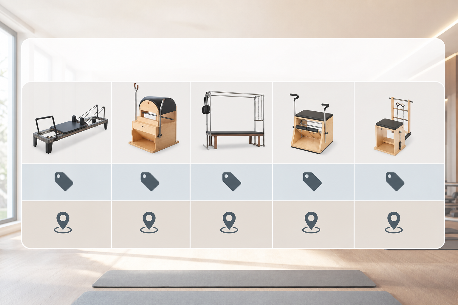 A clean and professional comparison table infographic showing icons of Pilates machines, price tags,