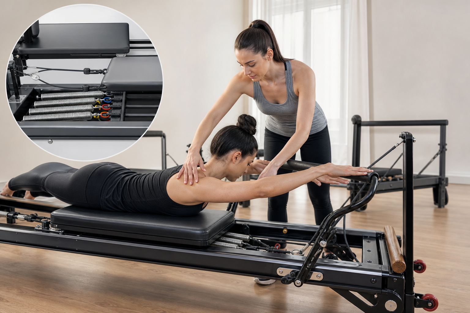 A close-up illustration showing the mechanism of a Pilates Reformer machine. An instructor is guidin